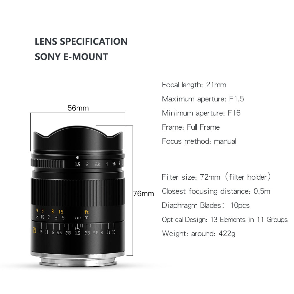 TTArtisan 21mm F/1.5 ASPH Full Frame Wide Angle Manual Lens for mirrorless camera - Sony E Mount